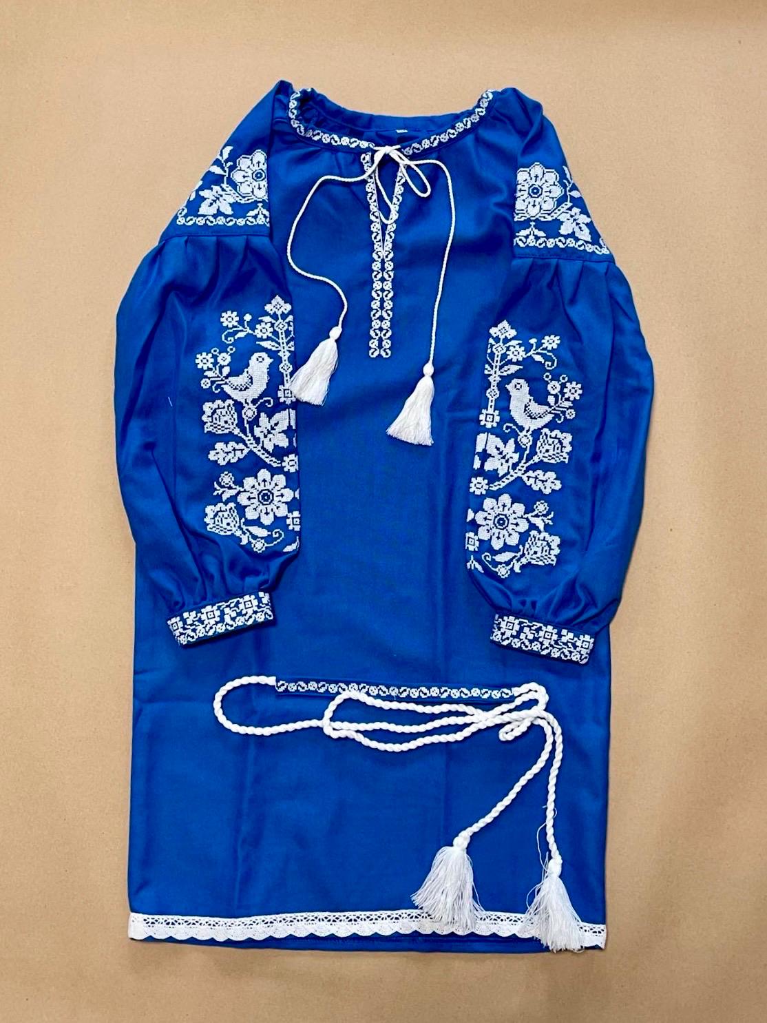 Beautiful Blue Vyshyvanka Ukrainian Dress for Girls With Floral Embroidery