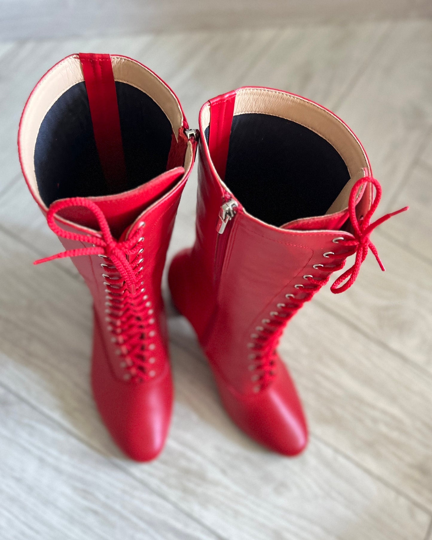 Red Leather Ukrainian Folk Dance Boots with Heel & Lace-Up Front