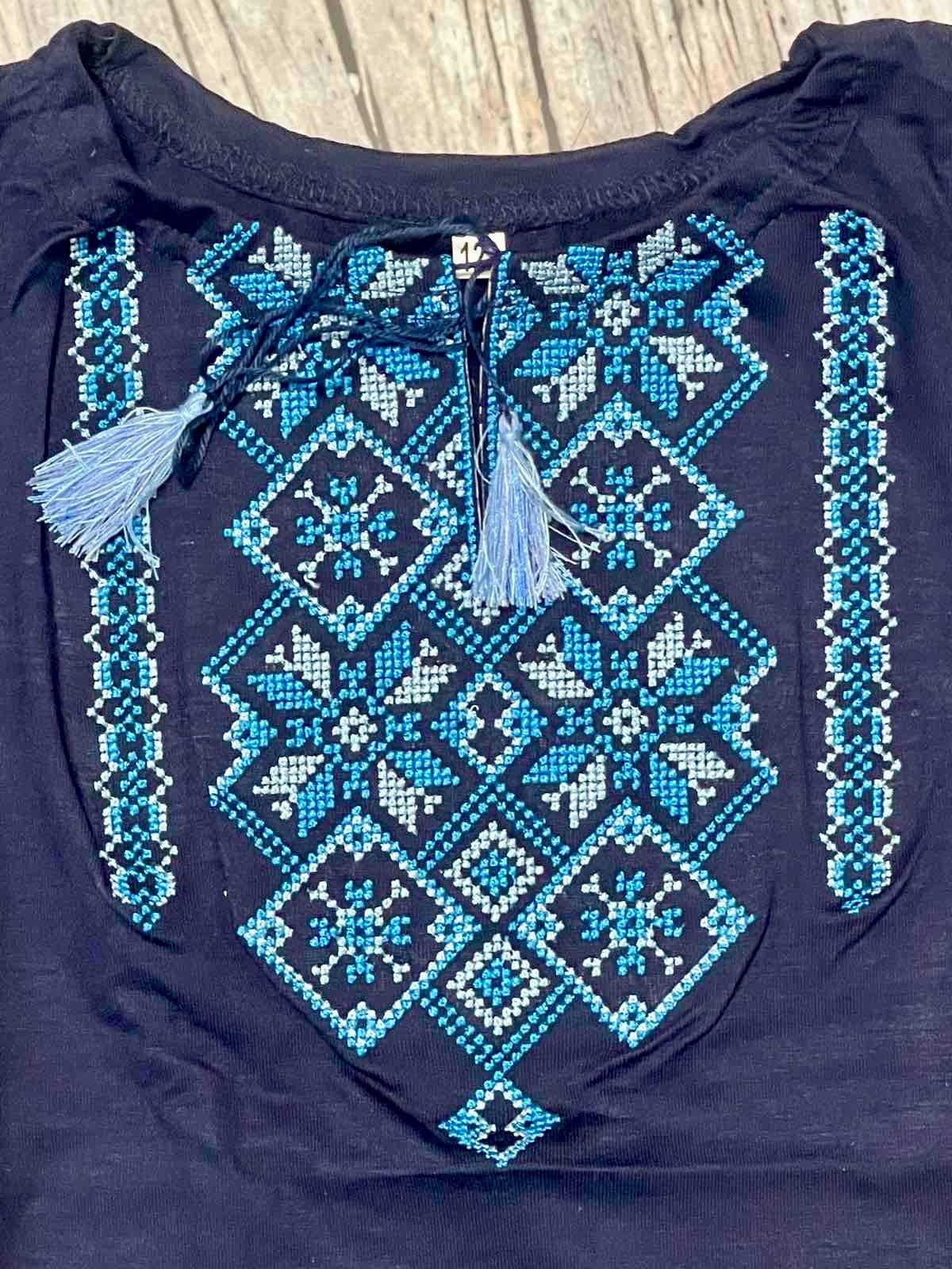 2-12YO Traditional Folk Blue Ukrainian T-Shirt for Girls with Geometric Pattern