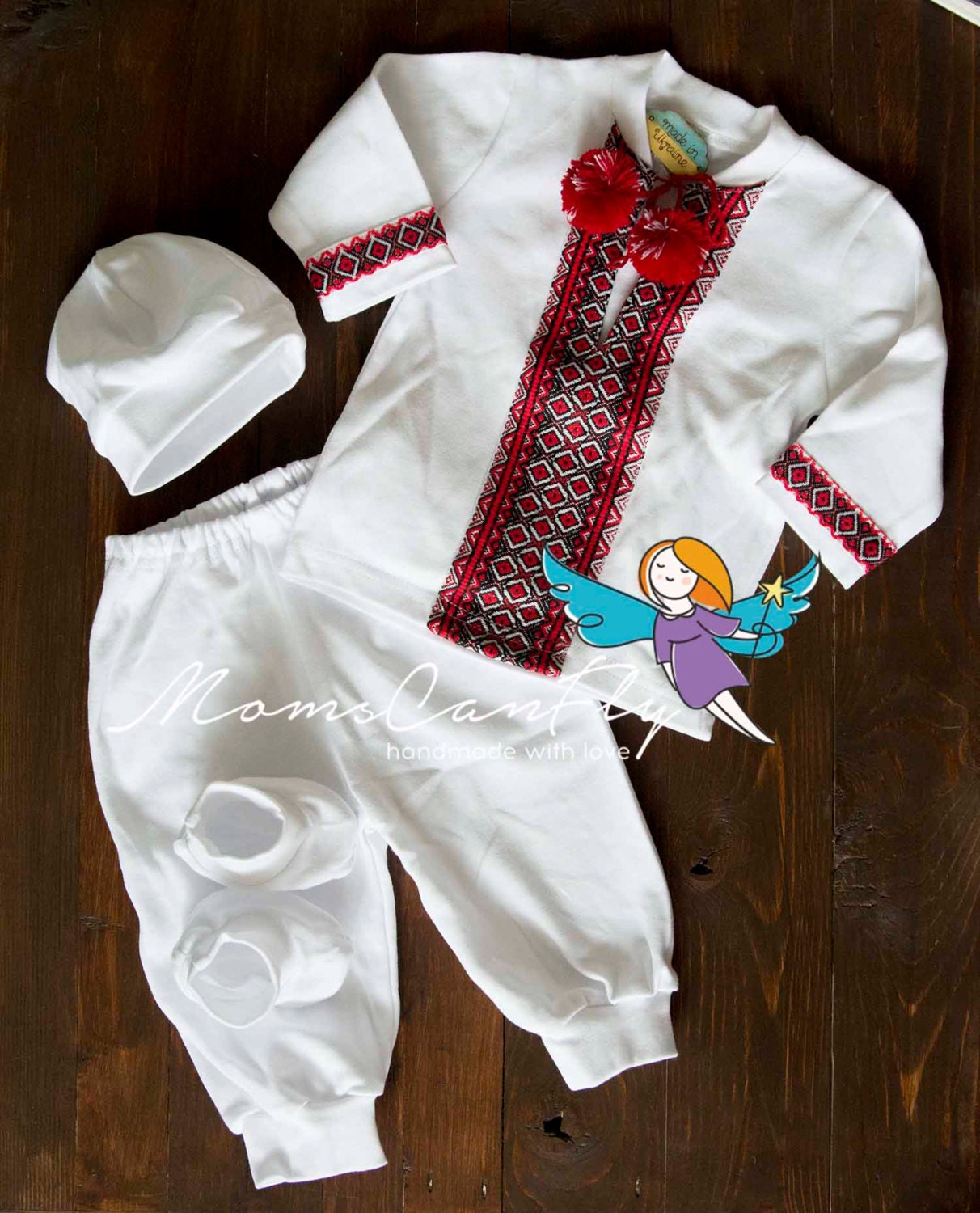 Adorable Little Red Baby Cossack Costume with Sharovary β Vyshyvanka Baptism Set