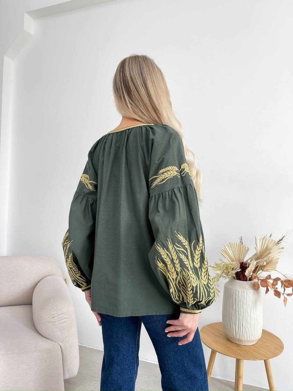 Green Boho Blouse with Gold Eyes of Corn Embroidery A Symbolic Statement of Elegance
