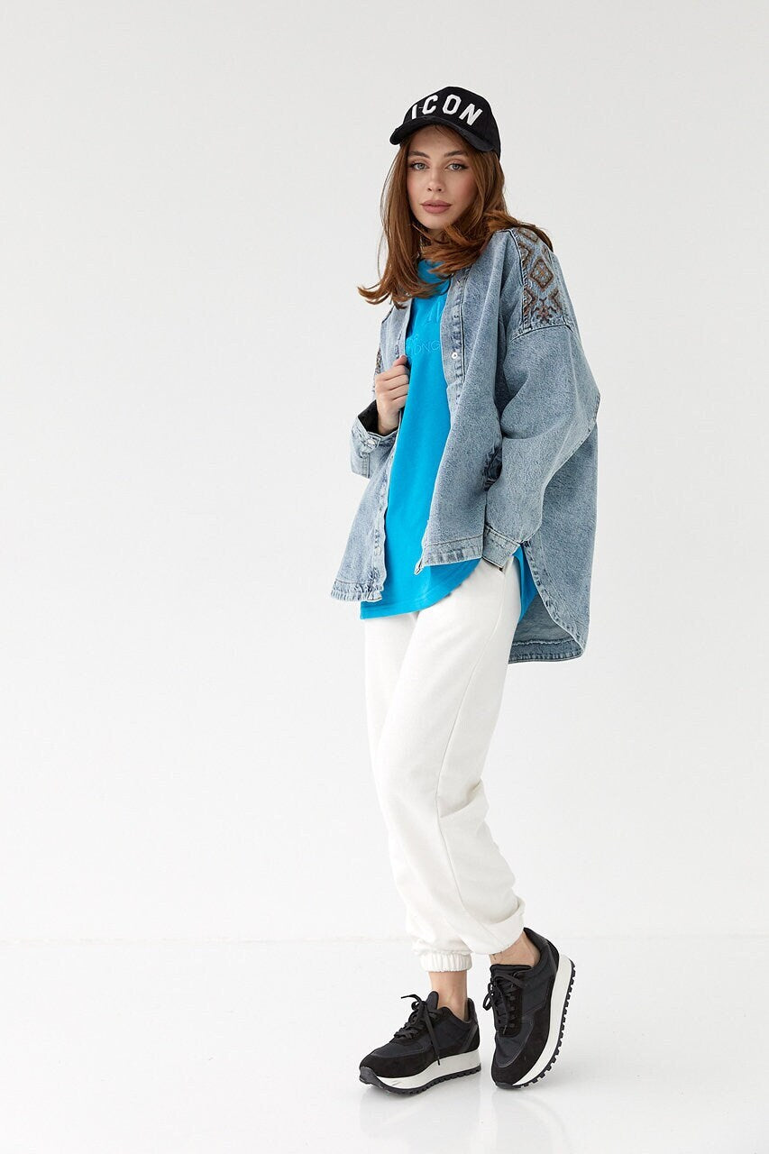 Embroidered Boho Denim Jacket Shirt for Women