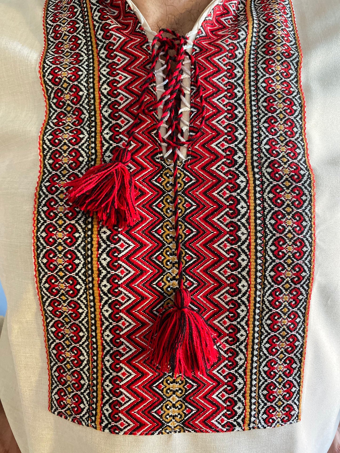XXS-7XL Traditional Beige Linen-Gabardine Embroidered Shirt for Men β Red Embroidery Pattern