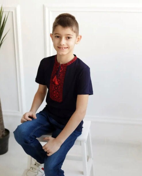 2-13YO Striking Boys’ Vyshyvanka T-Shirt in Navy with Red Geometric Embroidery