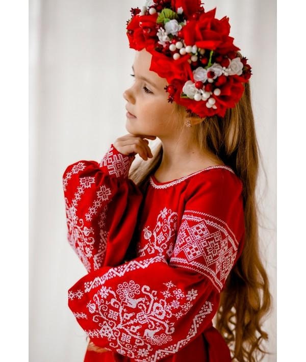 Beautiful Ukrainian Dress for Girls with White Embroidery and Matching Belt