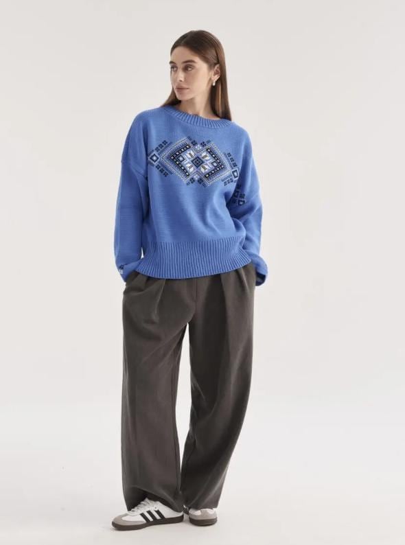 Geometric Oversize Blue Sweater – Bold and Cozy Design