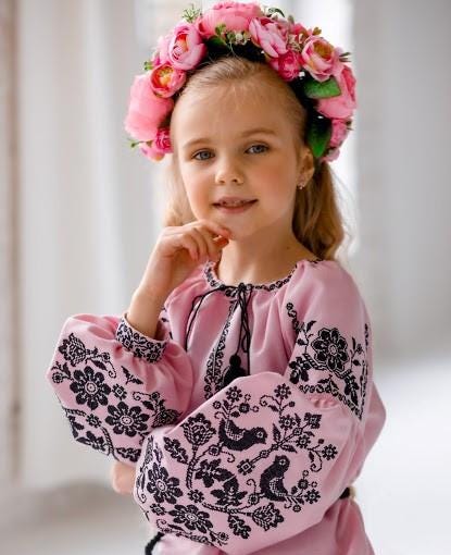 Beautiful Pink Ukrainian Vyshyvanka Dress for Girls With Floral Embroidery