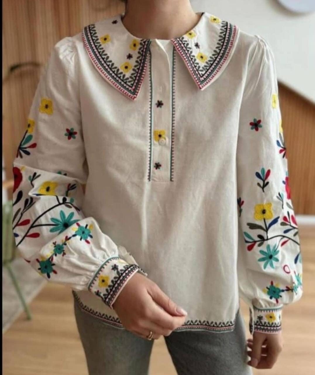 Bohemian Style Embroidered Blouse Summer Cotton Blend Top