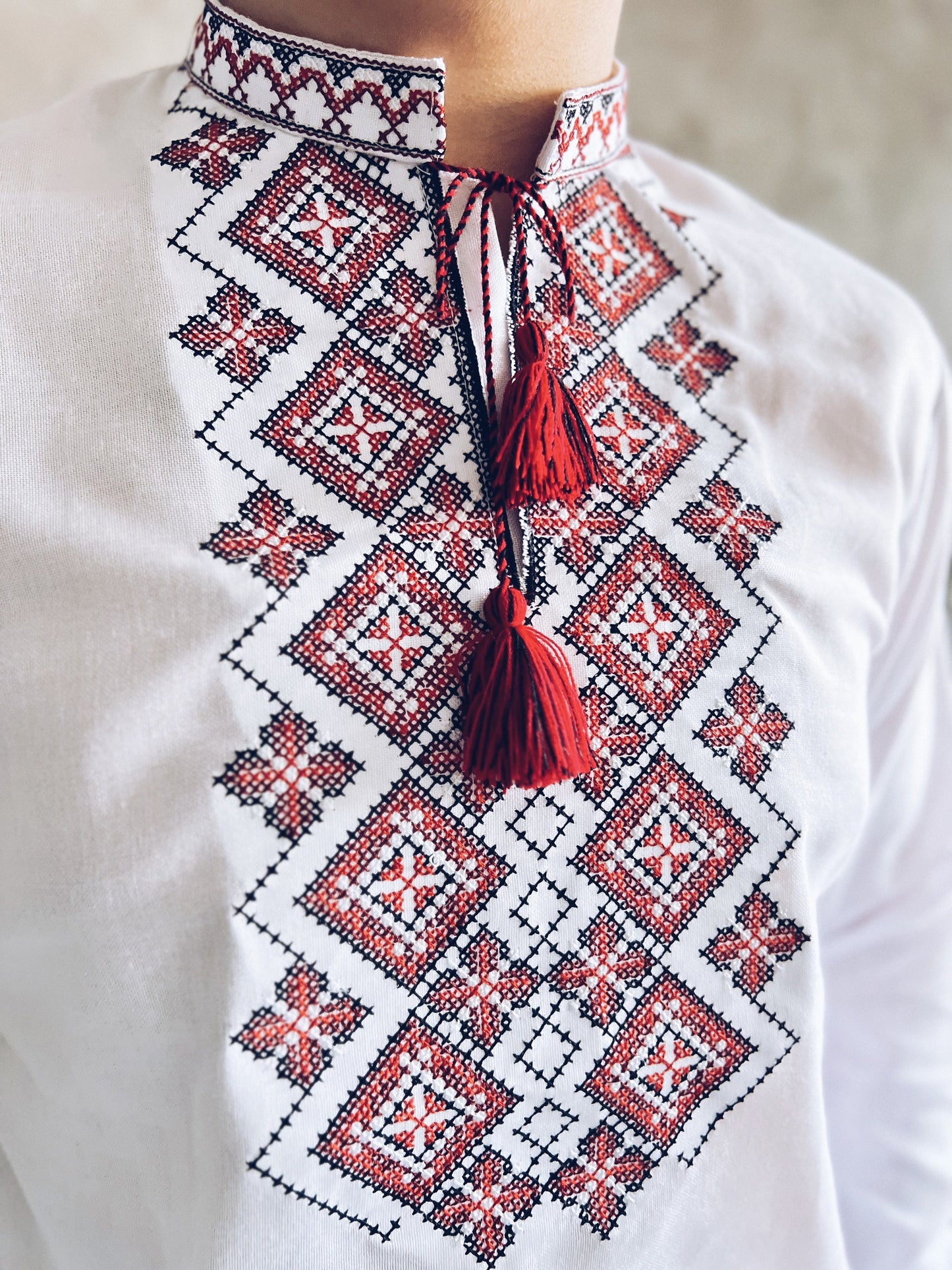 Traditional Ukrainian Long Sleeve Sorochka Shirt for Men with Red Embroidery