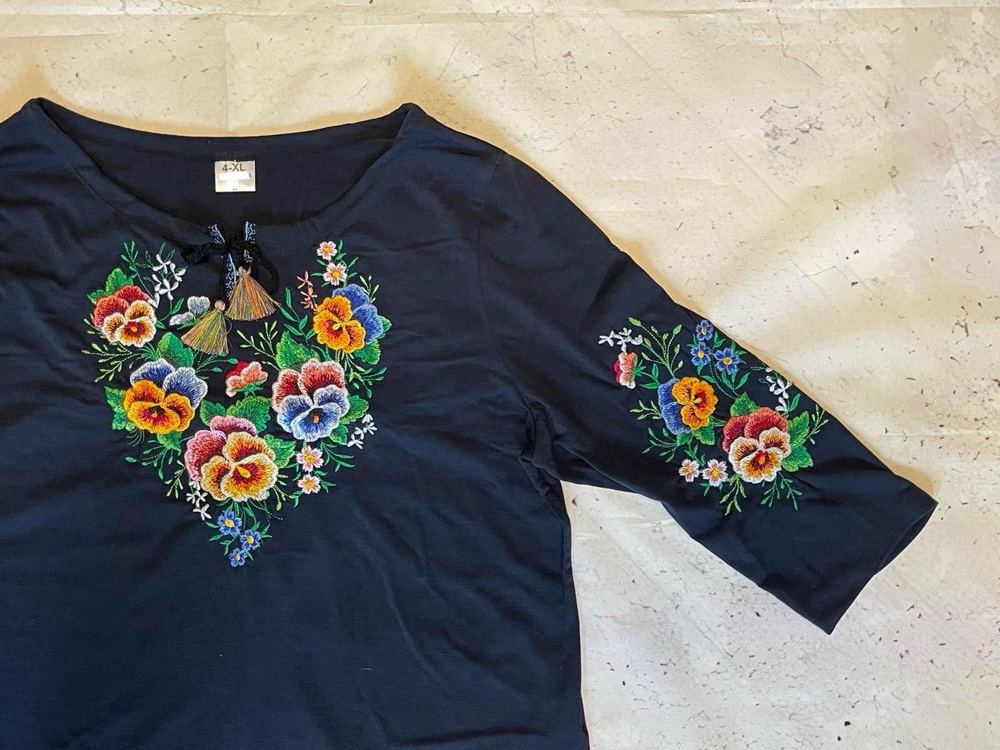 Charming Navy Vyshyvanka Blouse with Colorful Floral Forget-Me-Not Floral Embroidery