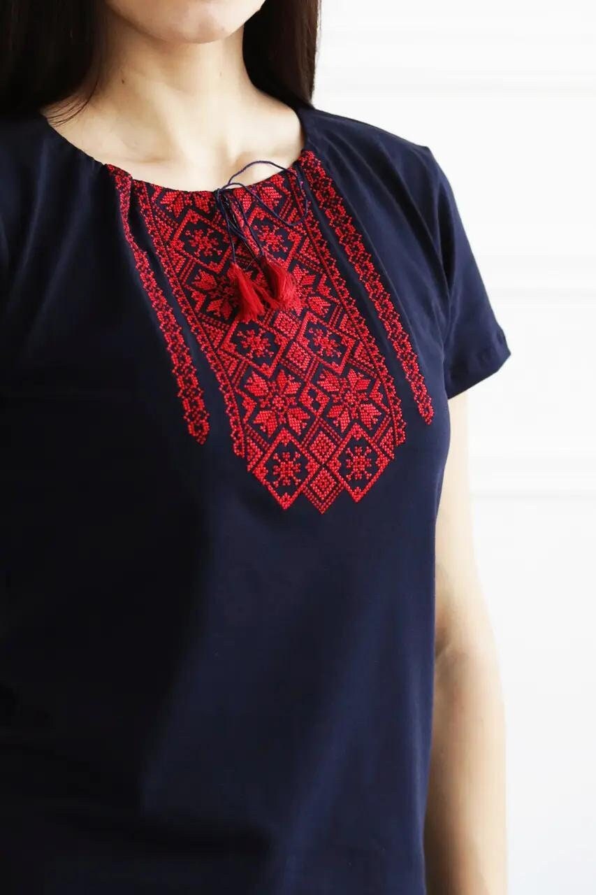 S-3XL Blue Woman Boho T-Shirt with Red Embroidery Vyshyvanka Tshirt