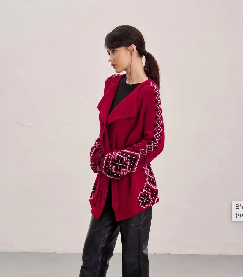 Geometric Cozy Cardigan with Traditional Ukrainian Embroidery-Inspired Motifs