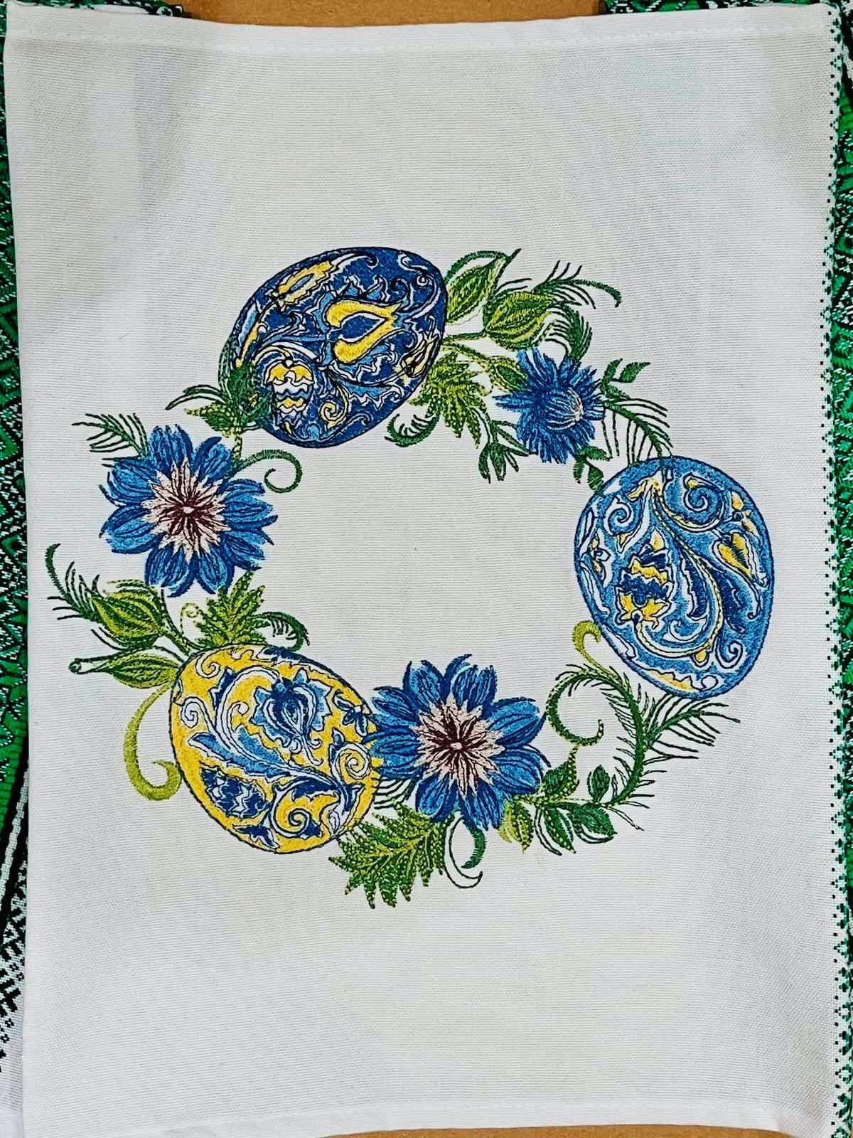 Large Ukrainian Easter Towel – Green Ryshnyk Basket Cover with Embroidered Pysanka