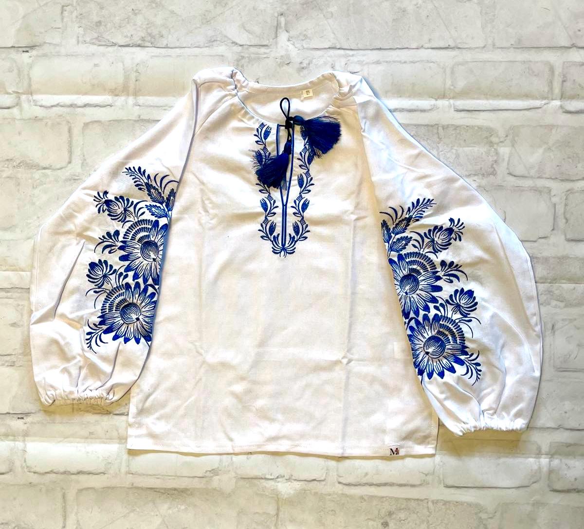 Elegant Modern Cotton Ukrainian Blouse for Girls with Floral Embroidery Motif