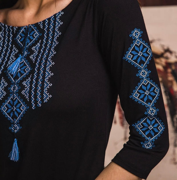 Statement Black Ukrainian Blouse with Blue Geometric Embroidery