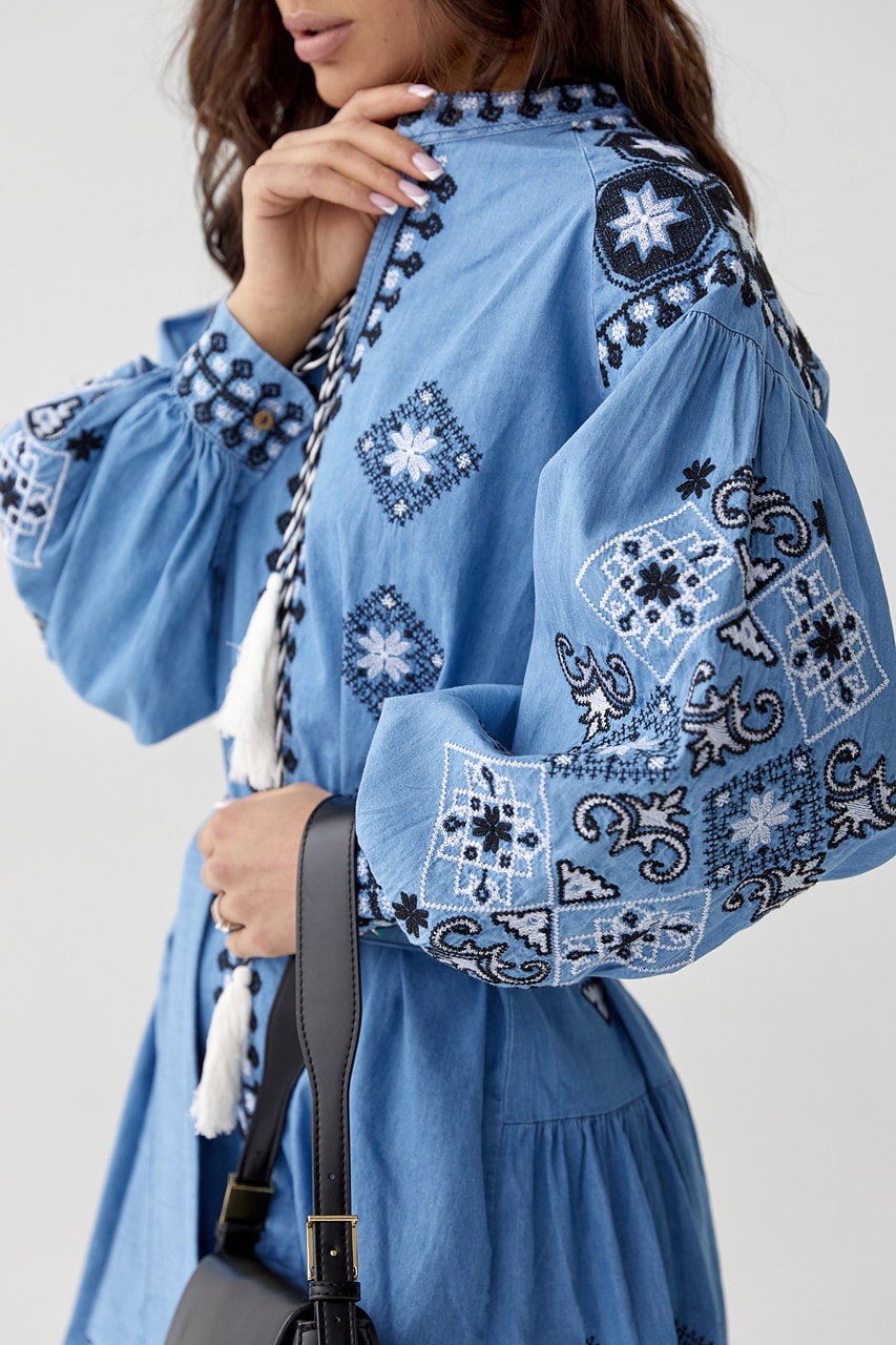 Gorgeous Blue Embroidered Summer Folk Nouveau Dress for Women