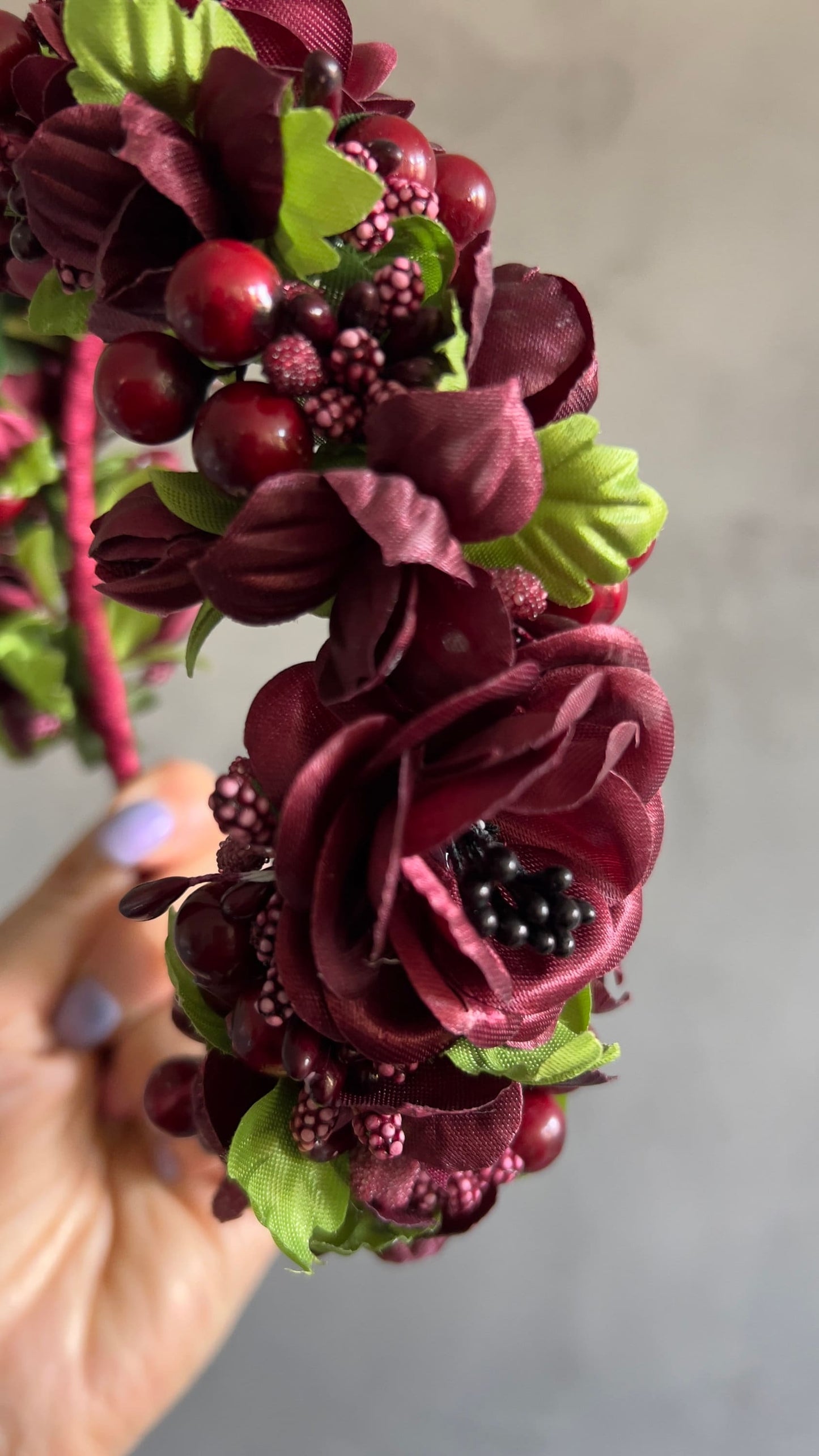 Burgundy Flower Crown Dark Red Flowers and Berries for a Touch of Elegance