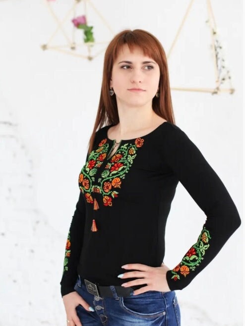Traditional Black Ukrainian Long Sleeve Blouse with Colorful Floral Embroidery