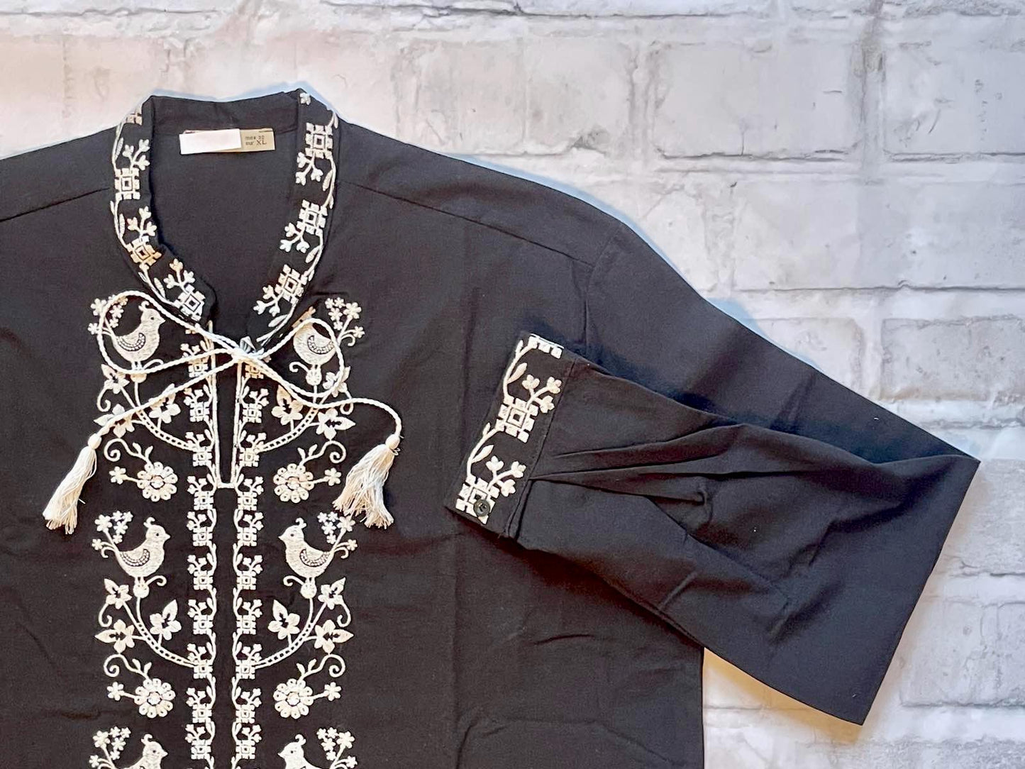 S-2XL Modern Ukrainian Black Long Sleeve Sorochka Shirt with Brid Motif