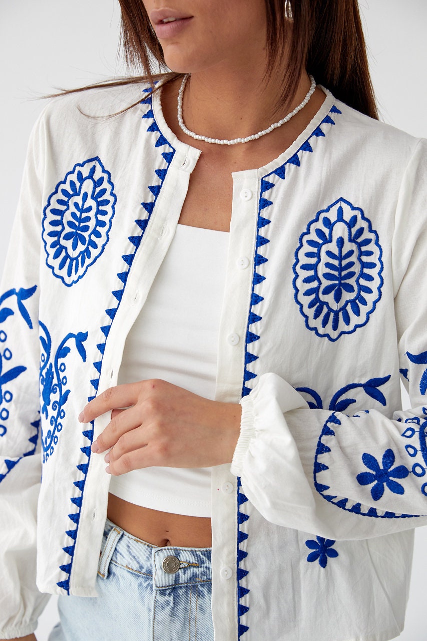Bohemian Style Embroidered Cape Blouse Crop Top with Blue Embroidery