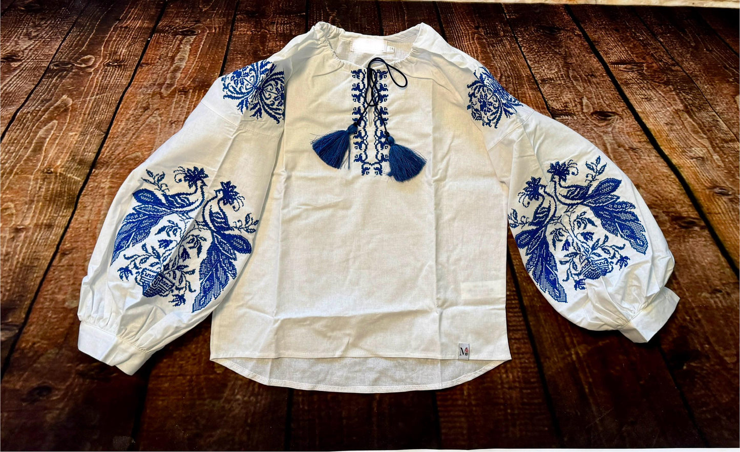 White Ukrainian Phoenix Embroidered Cotton Vyshyvanka Blouse for Girls