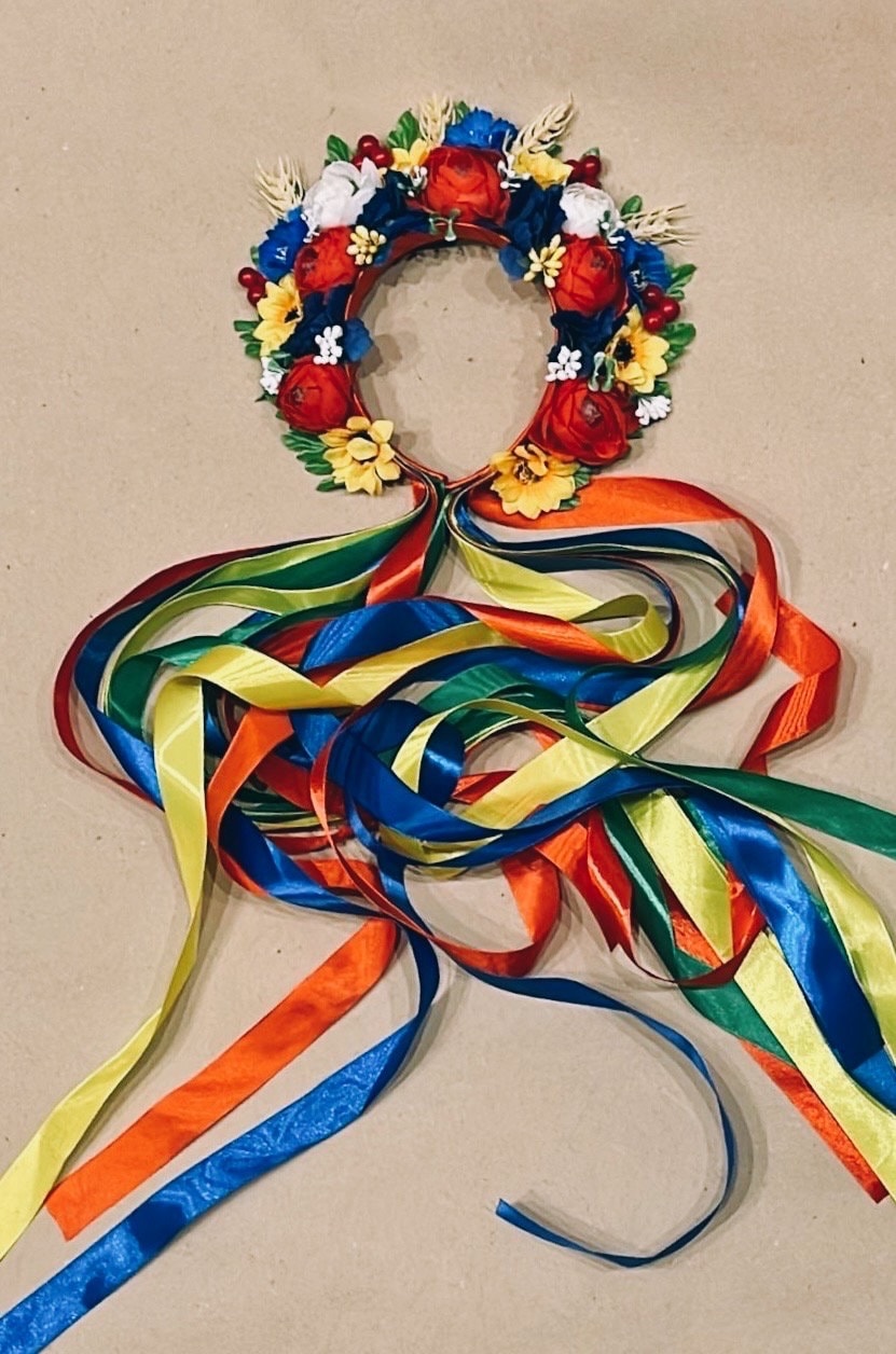 Luxury Flower Ukrainian Headband Ears of Corn Traditional Flowers and Mixed Color Ribbons
