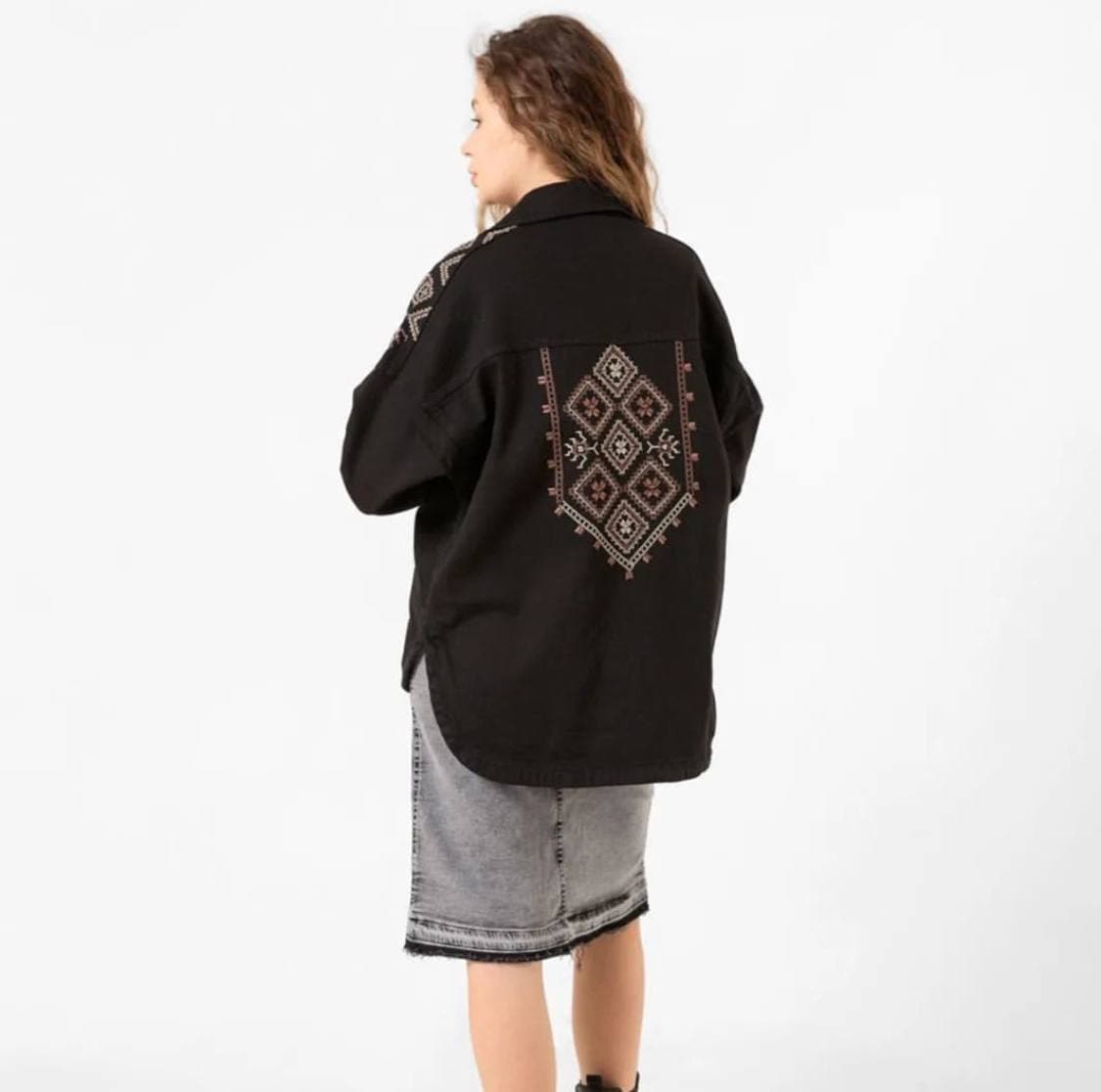 Graphite Boho Embroidered Denim Jacket – Chic and Unique with Modern Embroidery