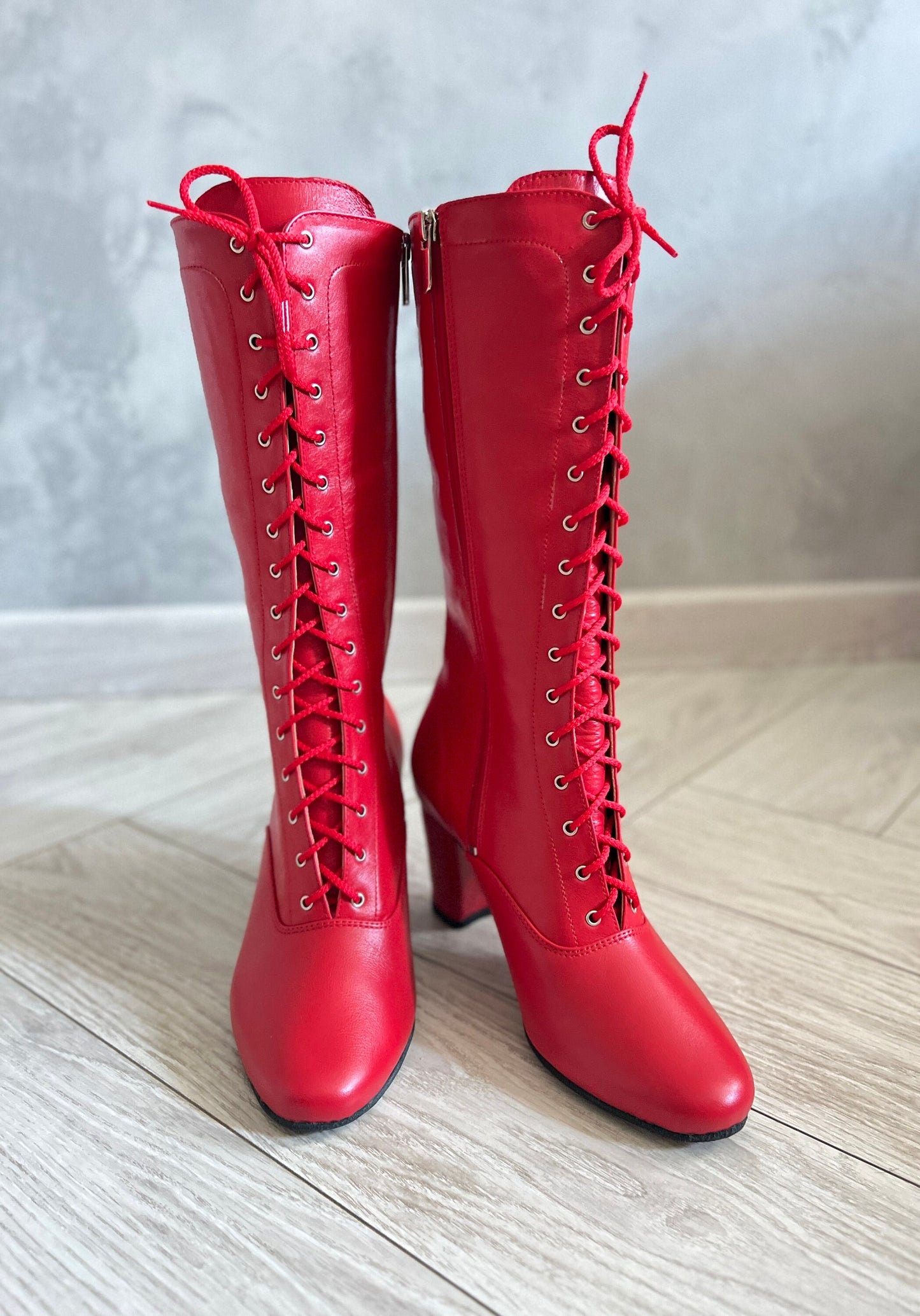Red Leather Ukrainian Folk Dance Boots with Heel & Lace-Up Front