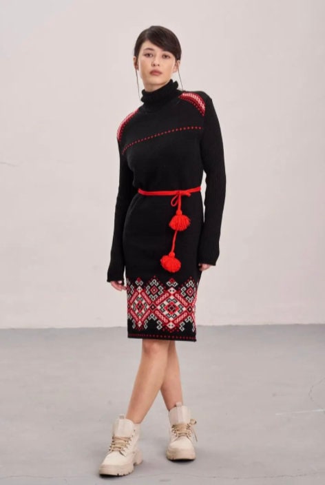 Black Body-Hugging Knit Warm Dress with Red Floral Embroidery and Pom-Pom Belt