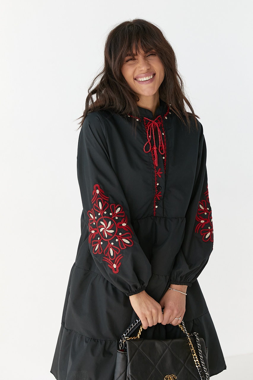 Black Boho Dress with Red Embroidery Effortless Elegance with a Bold Flair