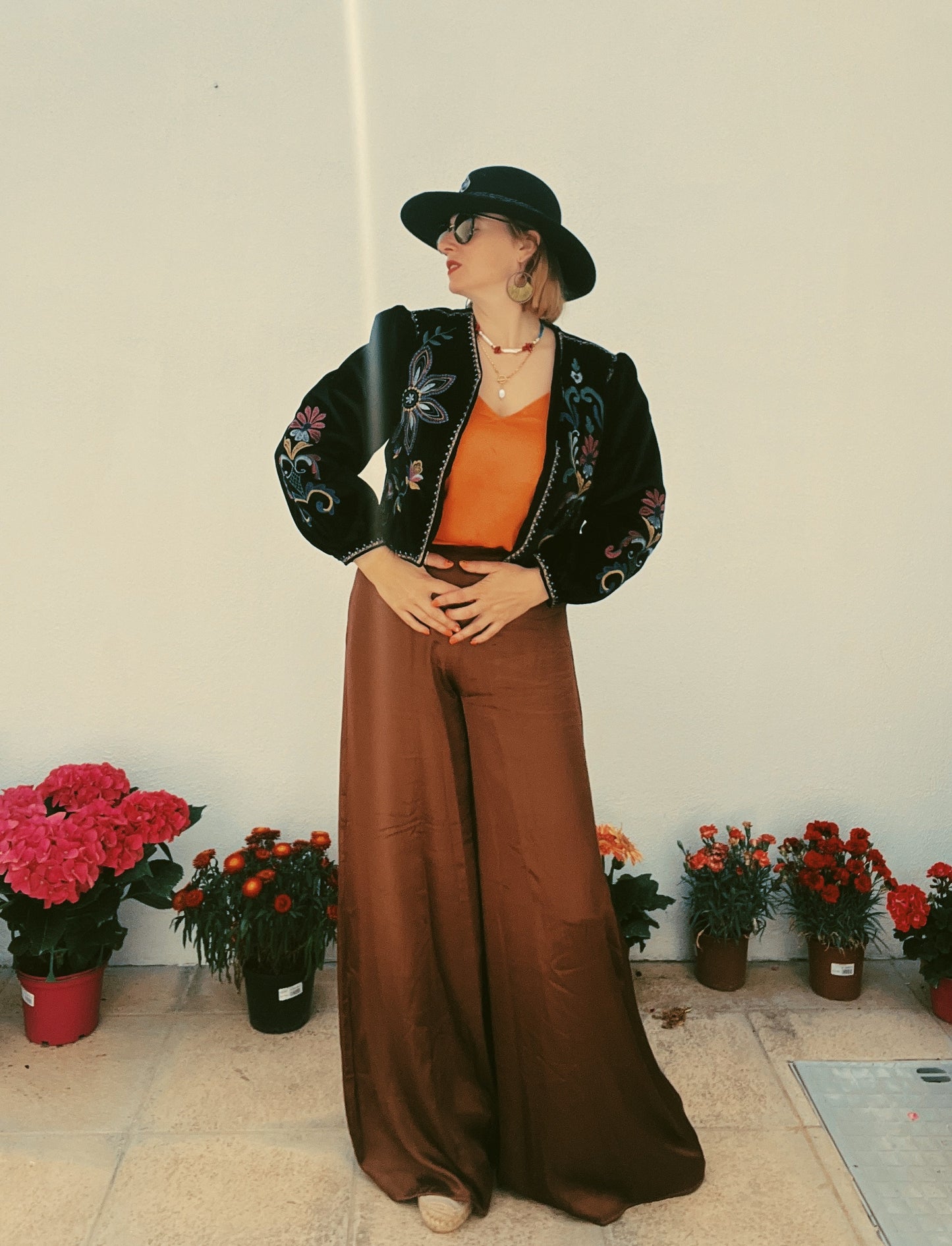 Embroidered Chique Black Crop Top Open Velvet Boho Jacket for Women