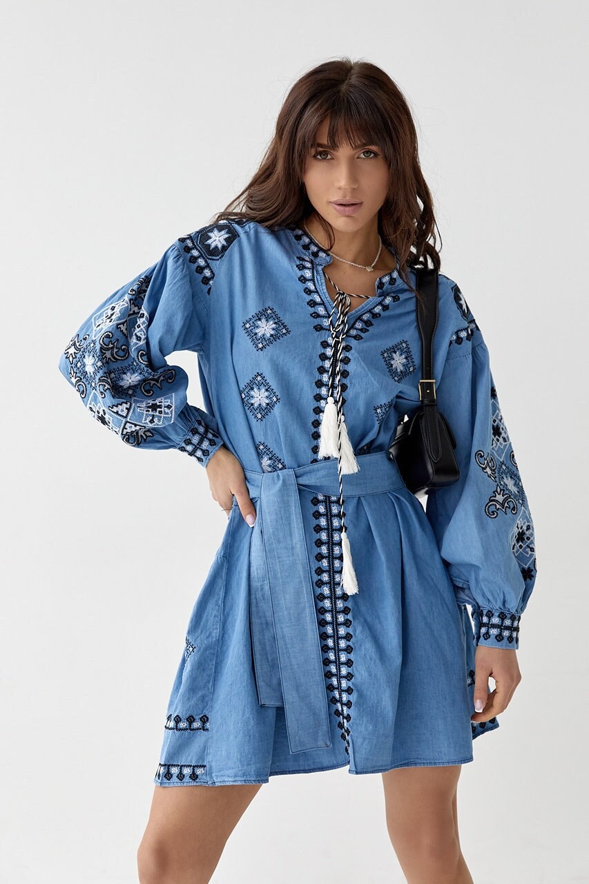 Gorgeous Blue Embroidered Summer Folk Nouveau Dress for Women