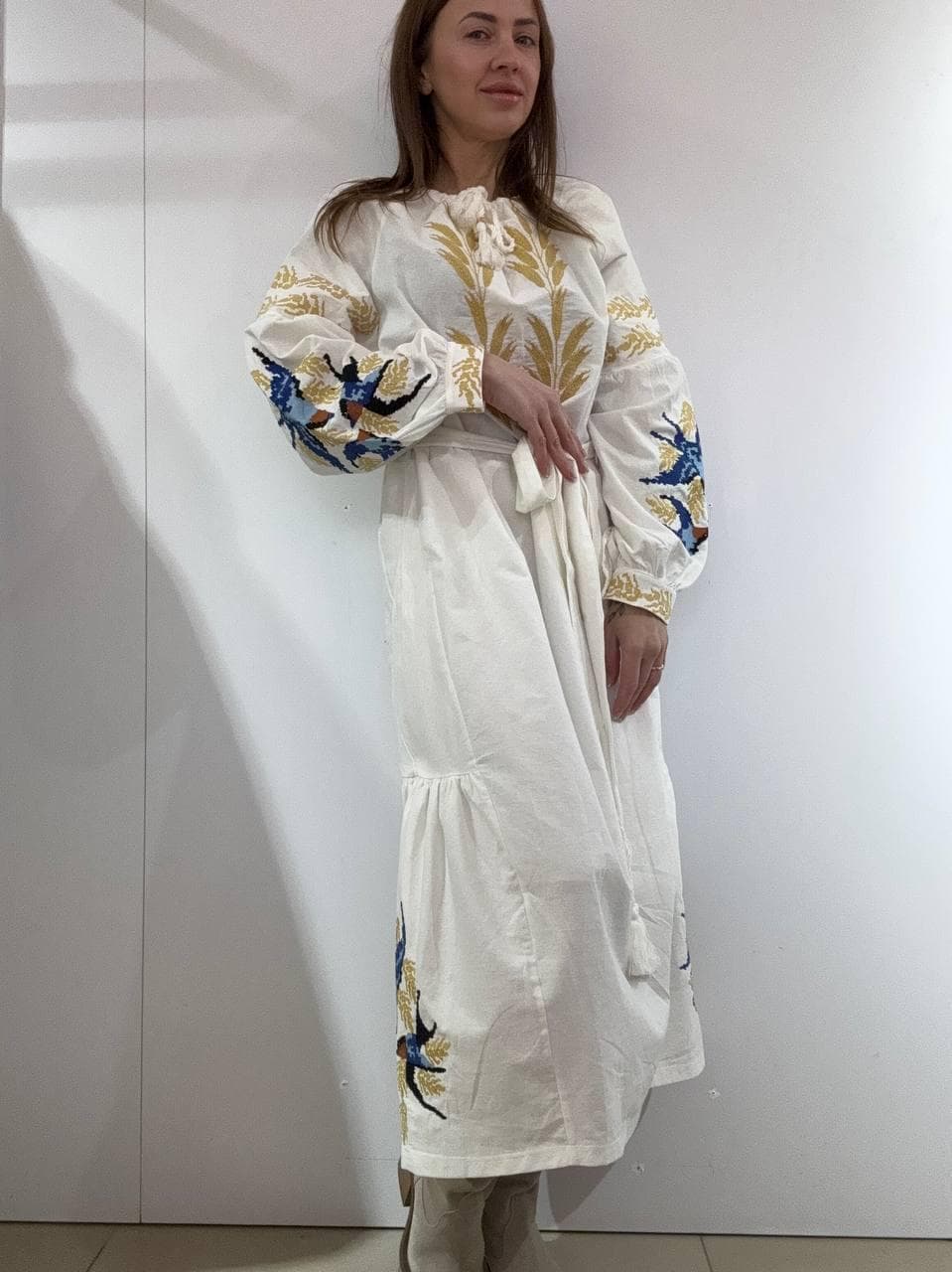 Eye-catching Chic Long Ukrainian Vyshyvanka Dress With Lastivky Brirds Pattern