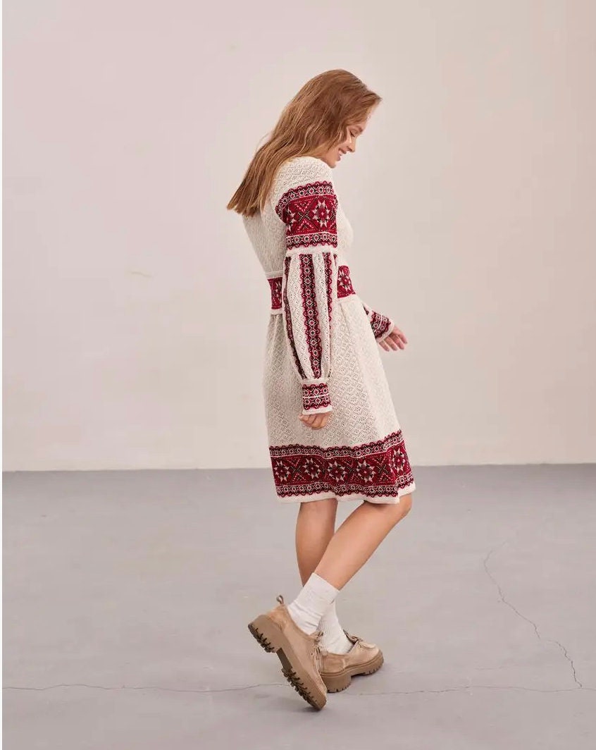 Everyday Luxury Knitted Crochet Boho Dress with Red Embroidery