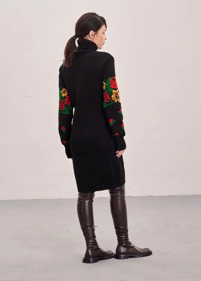 Black Turtleneck Pencil Dress with Bold Floral Embroidery – Warm Winter Knit Dress with Belt