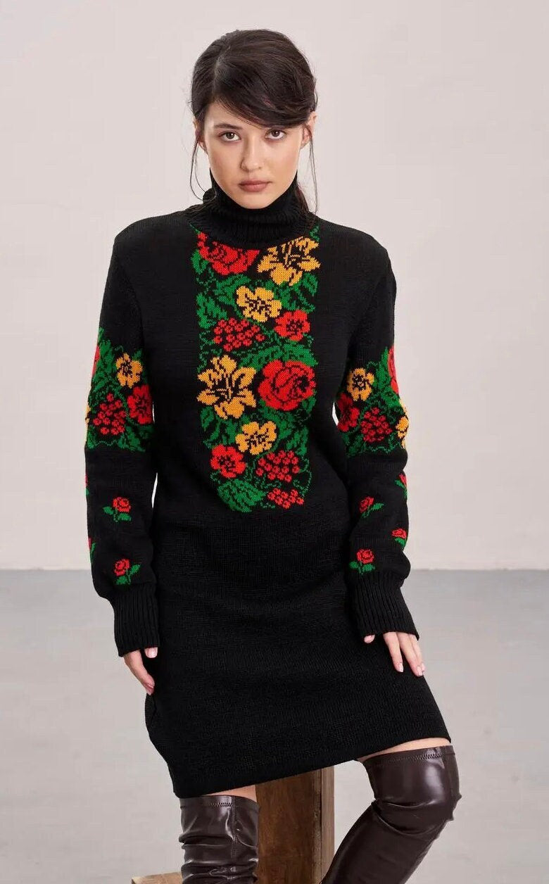 Black Turtleneck Pencil Dress with Bold Floral Embroidery – Warm Winter Knit Dress with Belt