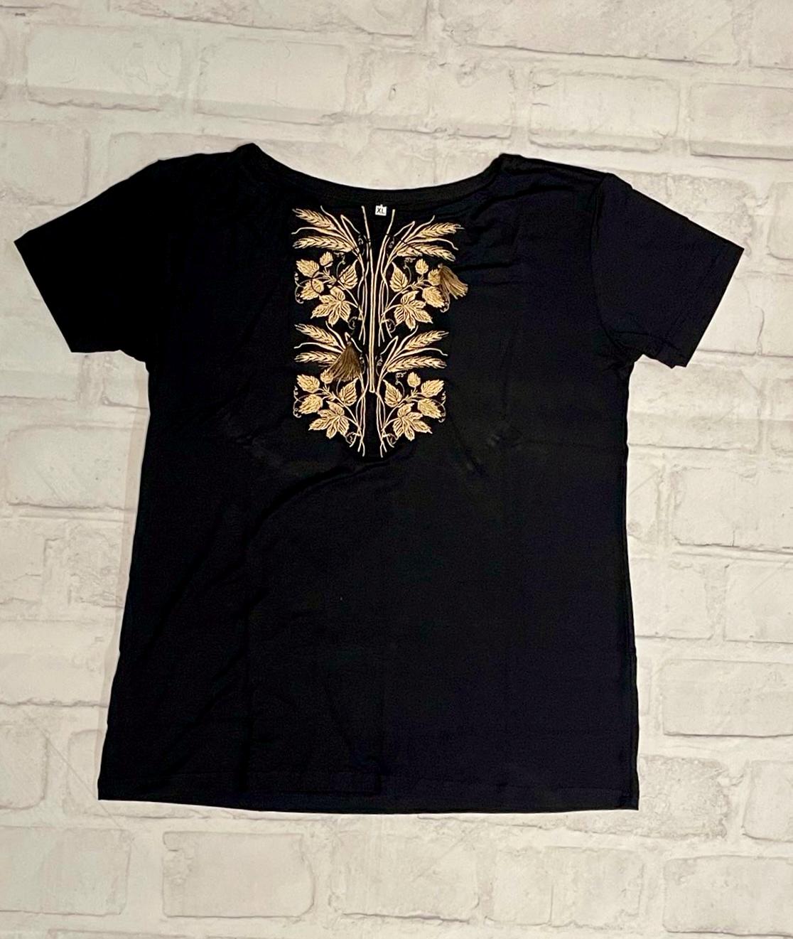 S-3XL Black Vyshyvanka T-Shirt with Golden Rye Embroidery
