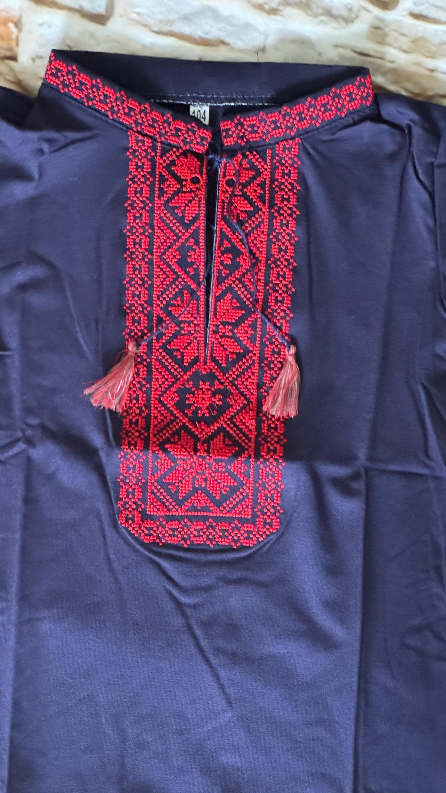2-13YO Striking Boys’ Vyshyvanka T-Shirt in Navy with Red Geometric Embroidery