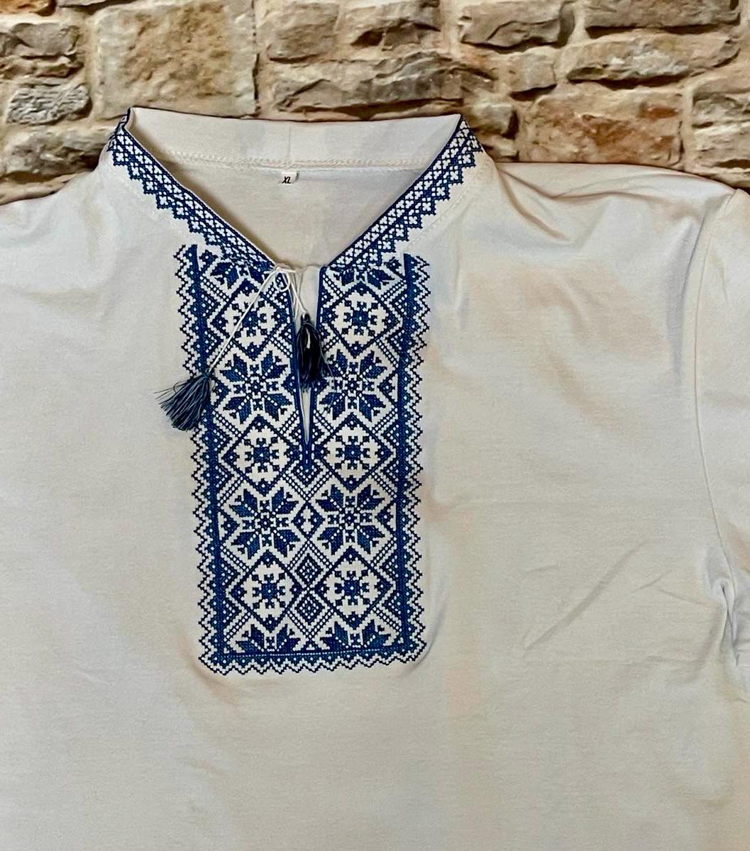 White Embroidered Ukrainian T-Shirt for Men with Blue Embroidery