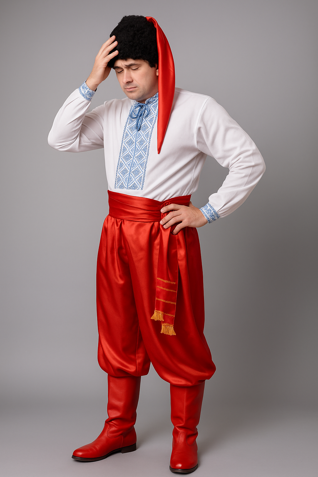 Red Adult Folk Ukrainian Cossak Costume with Hat Sharovary and Shirt