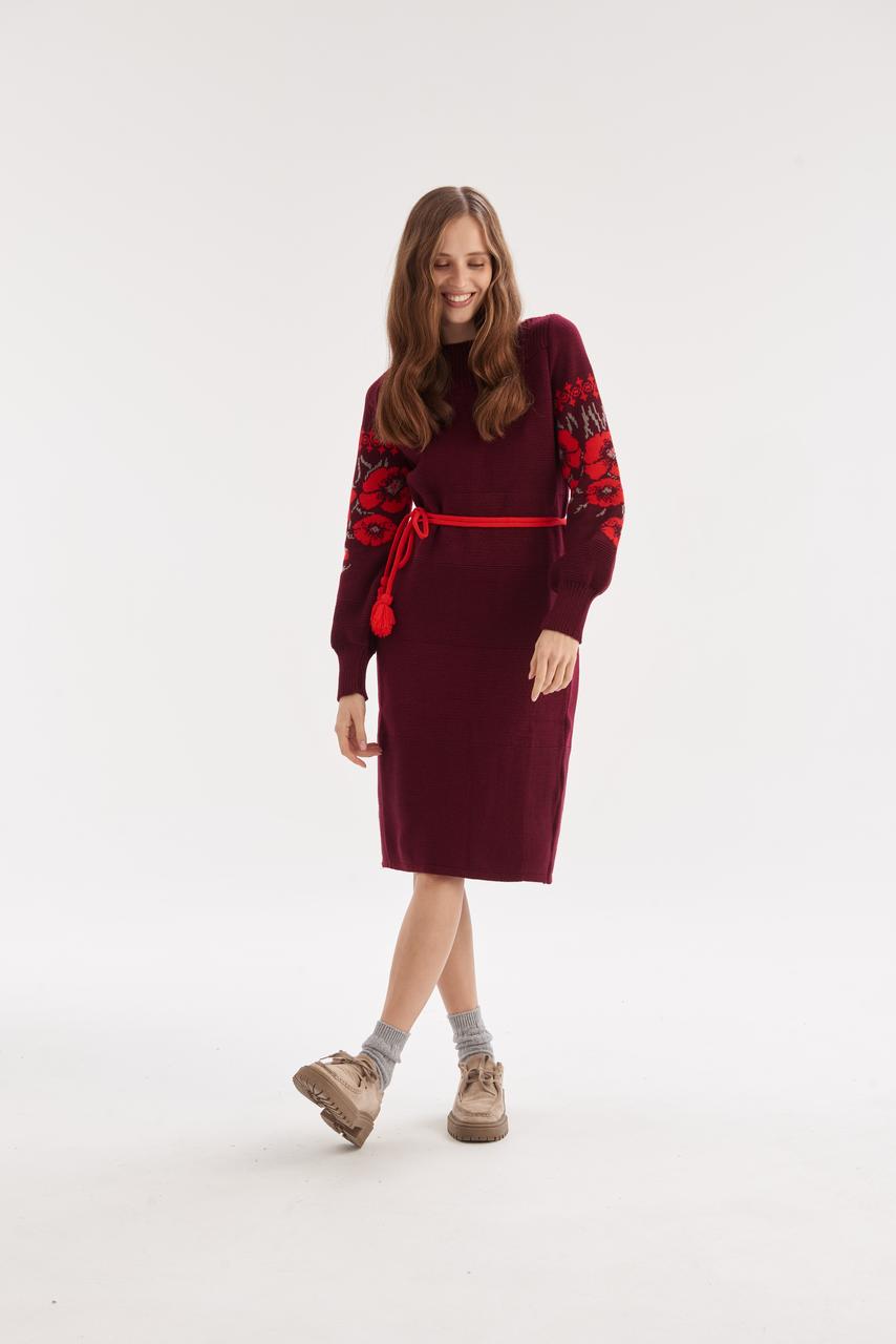 Burgundy Knit Pencil Dress with Red Poppy Embroidery – Warm Oversized Winter Dress with Belt