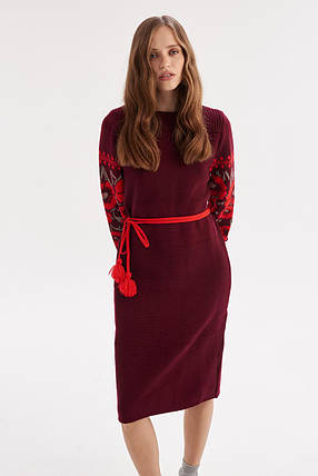 Burgundy Knit Pencil Dress with Red Poppy Embroidery – Warm Oversized Winter Dress with Belt