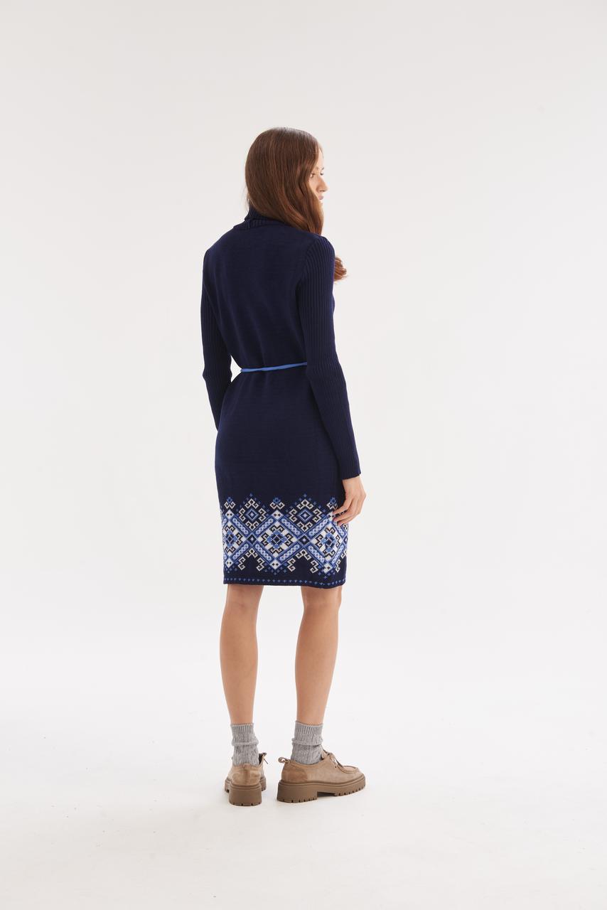 Navy Turtleneck Pencil Dress with Blue Geometric Embroidery – Warm Winter Knit Dress with Belt