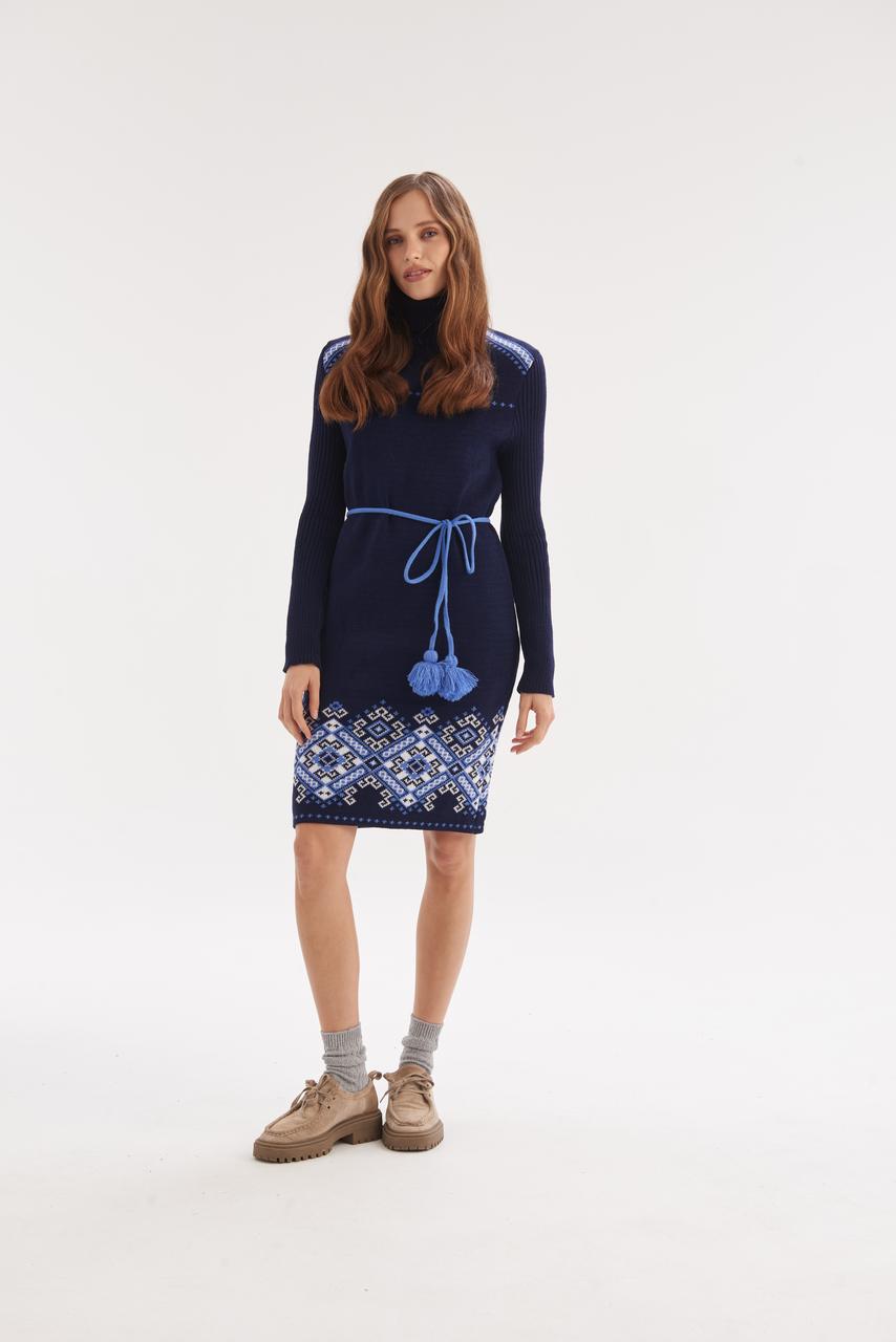 Navy Turtleneck Pencil Dress with Blue Geometric Embroidery – Warm Winter Knit Dress with Belt