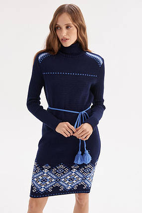 Navy Turtleneck Pencil Dress with Blue Geometric Embroidery – Warm Winter Knit Dress with Belt