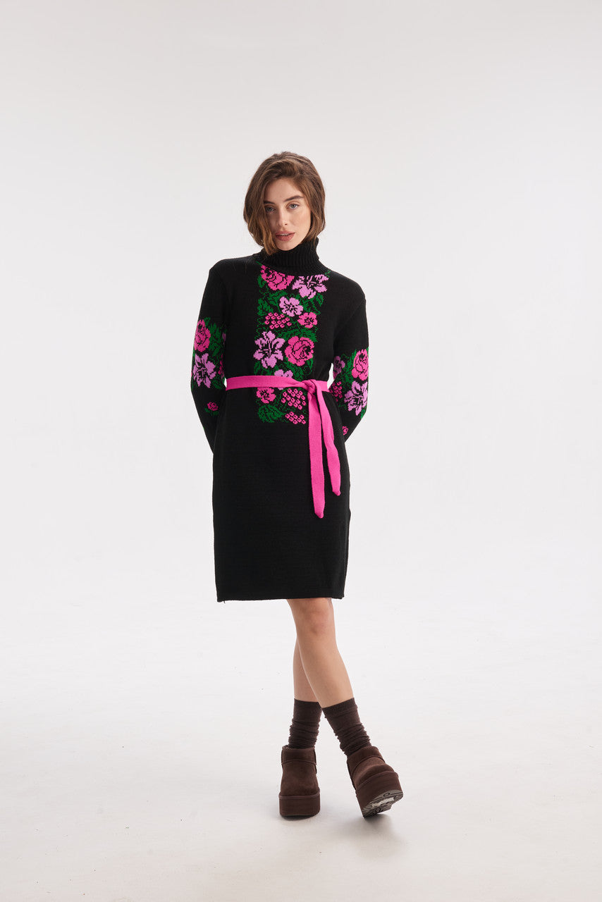 Black Turtleneck Knit Dress with Bright Pink Floral Embroidery – Warm Winter Pencil Dress with Belt