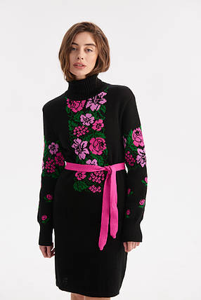 Black Turtleneck Knit Dress with Bright Pink Floral Embroidery – Warm Winter Pencil Dress with Belt