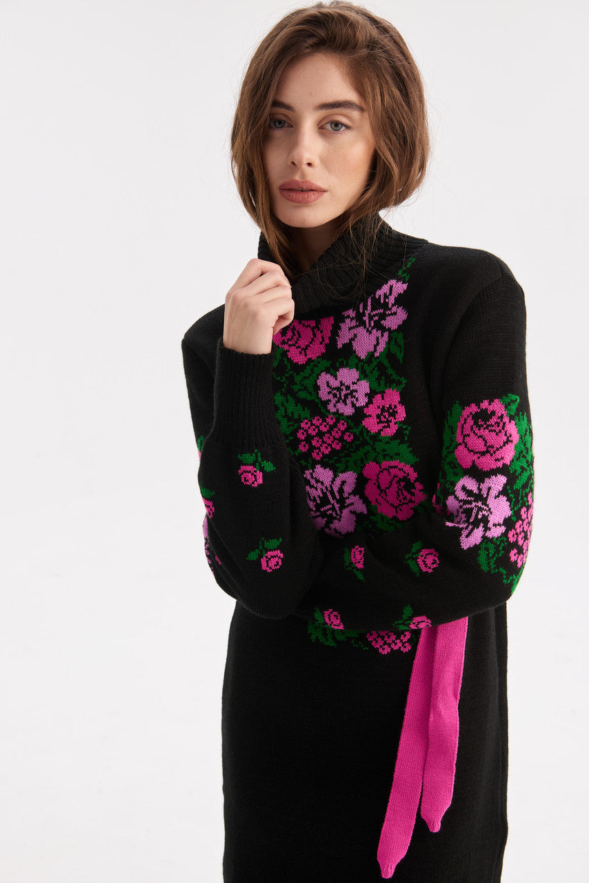 Black Turtleneck Knit Dress with Bright Pink Floral Embroidery – Warm Winter Pencil Dress with Belt