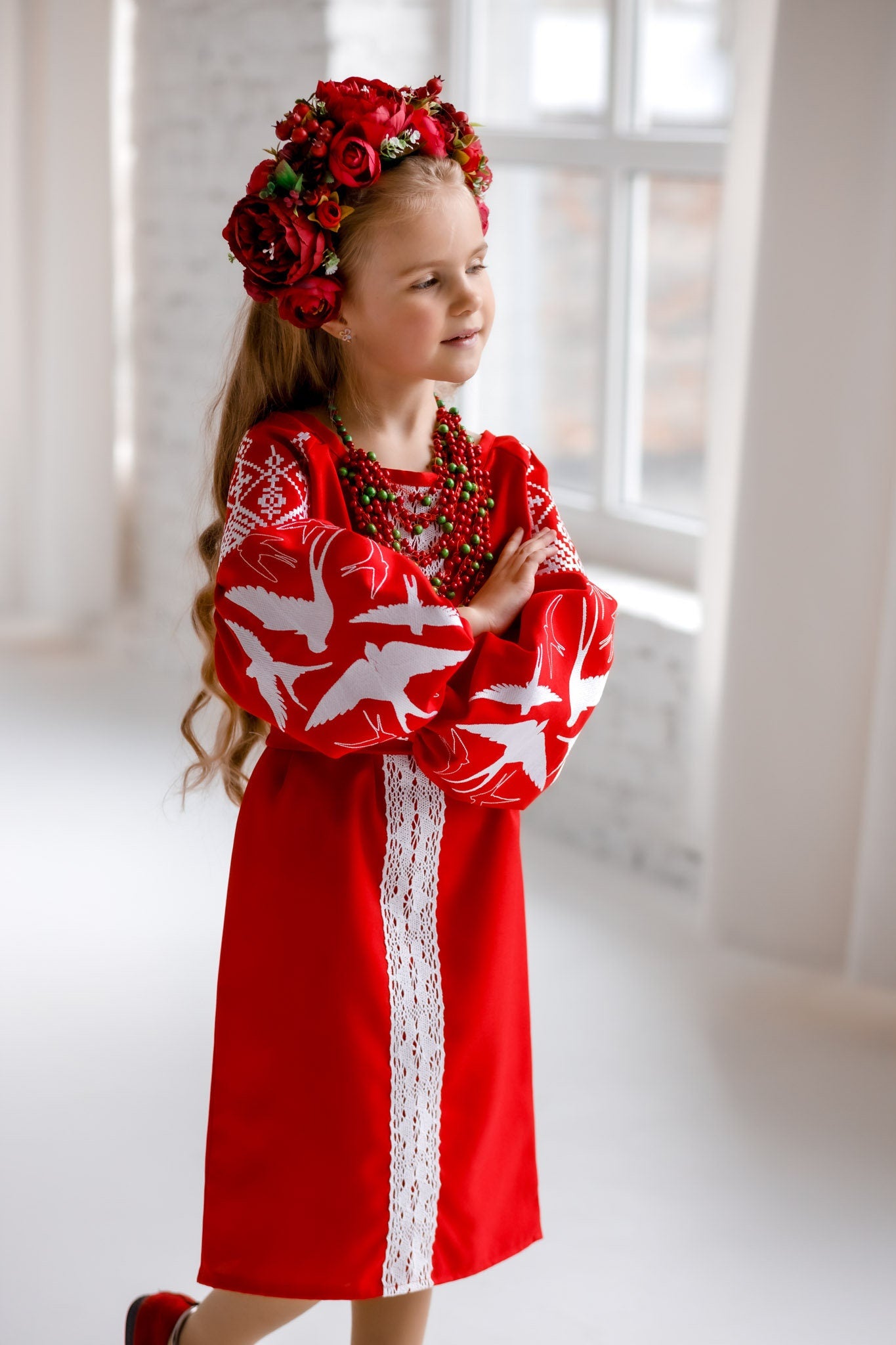 Beautiful Ukrainian Embroidered Dress for Girls with Lastivky Crochet Inserts and Belt