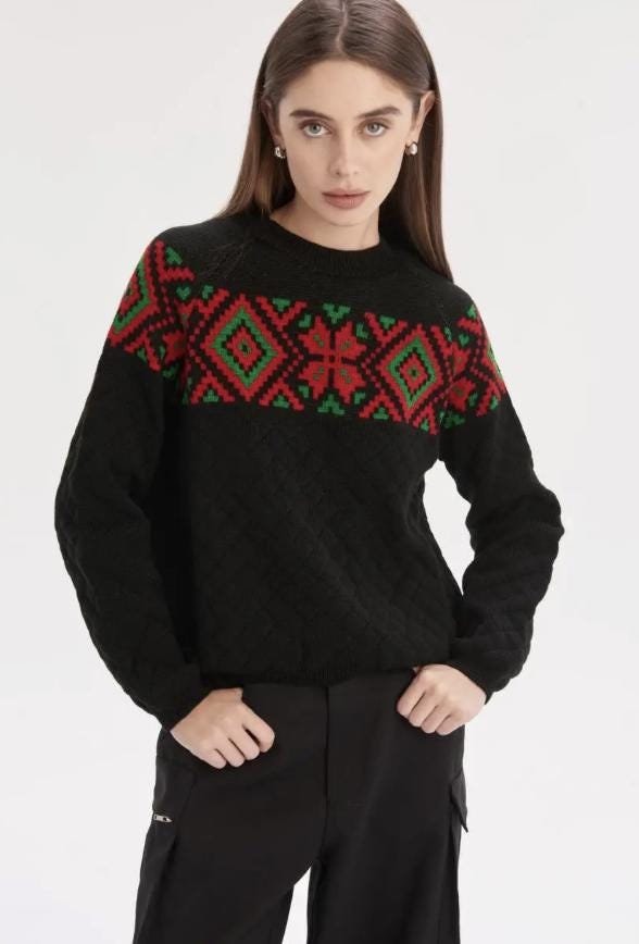 Modern Black Oversized Sweater with Ukrainian Embroidery-Inspired Motifs